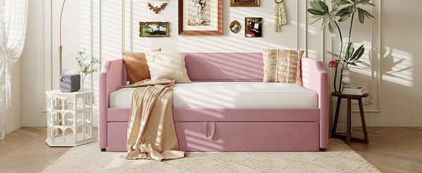 English Elm Twin Velvet Upholstered Daybed with Pop up Trundle for Guest or Kids Rooms Pink SF000197AAH