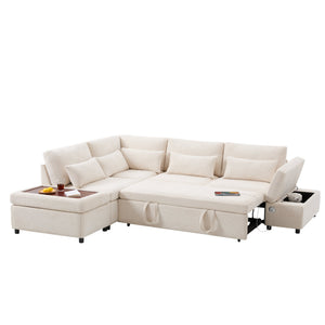 English Elm [video]107'' Chenille Sleeper Sectional with Usb Charging Storage Ottoman and Adjustable Armrest Beige N723S8782A