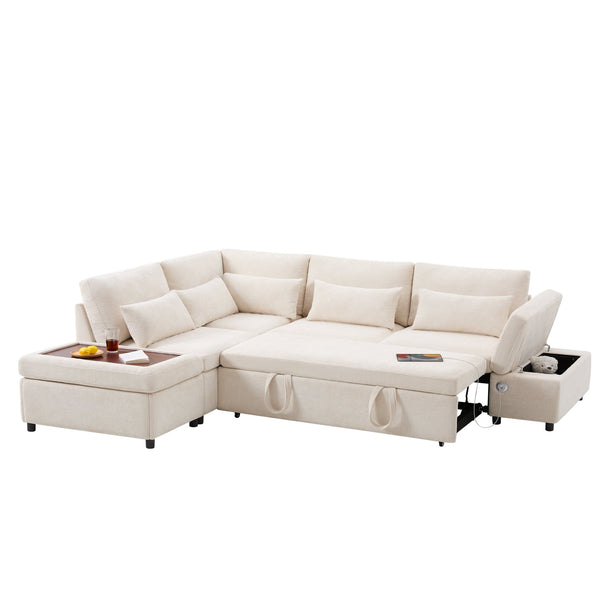 English Elm [video]107'' Chenille Sleeper Sectional with Usb Charging Storage Ottoman and Adjustable Armrest Beige N723S8782A