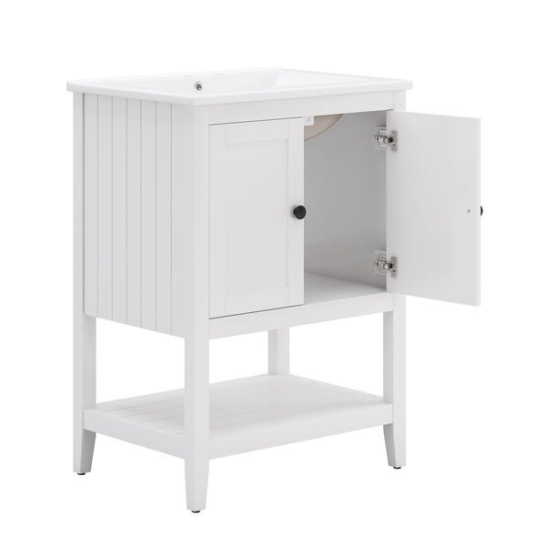 English Elm 24" Morandi White Bathroom Vanity with Ceramic Sink, Solid Wood Frame & Open Shelf, Modern Elegance N725P189823K