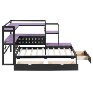 English Elm Twin Gaming Daybed with Led Strips Desk Pegboard Bookcase and Three Storage Drawers Purple+Black N820S00083I
