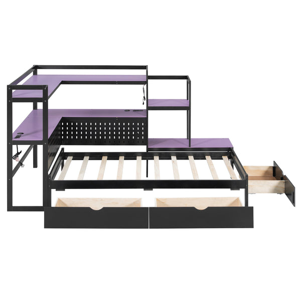 English Elm Twin Gaming Daybed with Led Strips Desk Pegboard Bookcase and Three Storage Drawers Purple+Black N820S00083I