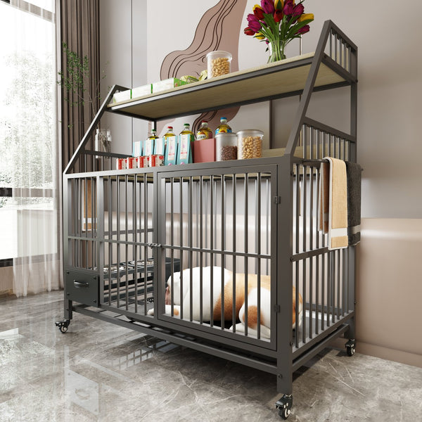 English Elm Large Pet Cage with Iron Frame Mdf Panels Storage Rack and Steel Feeding Basins Beige,Black W3064P245386