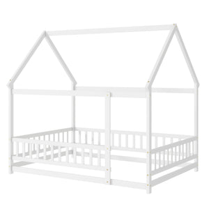 English Elm Full Size House Floor Bed With Roof Frame & Safety Guardrails - Cozy, Imaginative Retreat For Kids W504P286408
