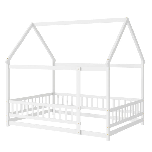 English Elm Full Size House Floor Bed With Roof Frame & Safety Guardrails - Cozy, Imaginative Retreat For Kids W504P286408