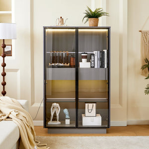 English Elm 60.6'' Contemporary Display Cabinet with LED Lighting, Tempered Glass Doors, Adjustable Shelves & Drawers - Grey, Modern Freestanding Storage for Living Room, Office, Kitchen N845P261799E
