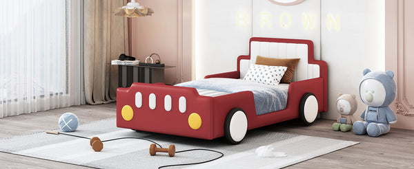 English Elm Twin Race Car-Shaped Platform Bed with Safety Rails and Sturdy Slats for Kids’ Room Comfort Red SF000127AAJ