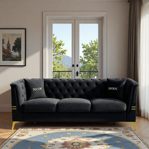 English Elm Fx-P83-Bk3 Modern Mid-Century 3-Seater Sofa With Gold Legs & Plush Faux Sherpa, Elegant Chesterfield Design W576S00217