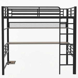 English Elm Full Size Metal Loft Bed Frame with Desk, LED Lights, Storage Shelves & Guardrails for Gamers DL002208AAB