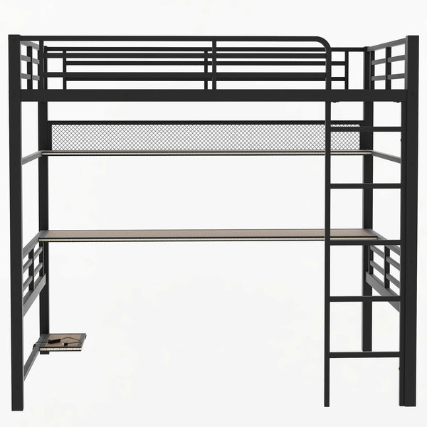 English Elm Full Size Metal Loft Bed Frame with Desk, LED Lights, Storage Shelves & Guardrails for Gamers DL002208AAB