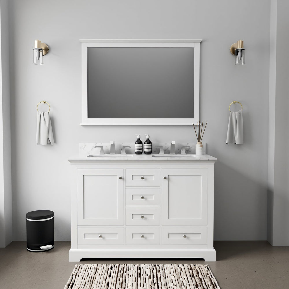 English Elm White Double Bath Vanity 48" W x 22" D with Carrara Marble Top, Chrome Faucets & 46" Mirror, Durable Surface B2731S00974