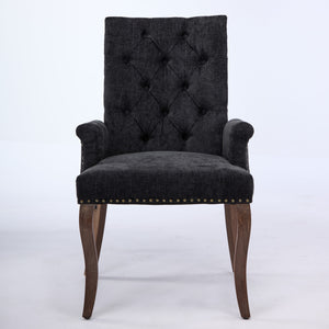 English Elm Upholstered Chenille Dining Chair with Hand-Tufted Back, Curved Solid Wood Legs, Comfortable Armseat Black W1143P346928