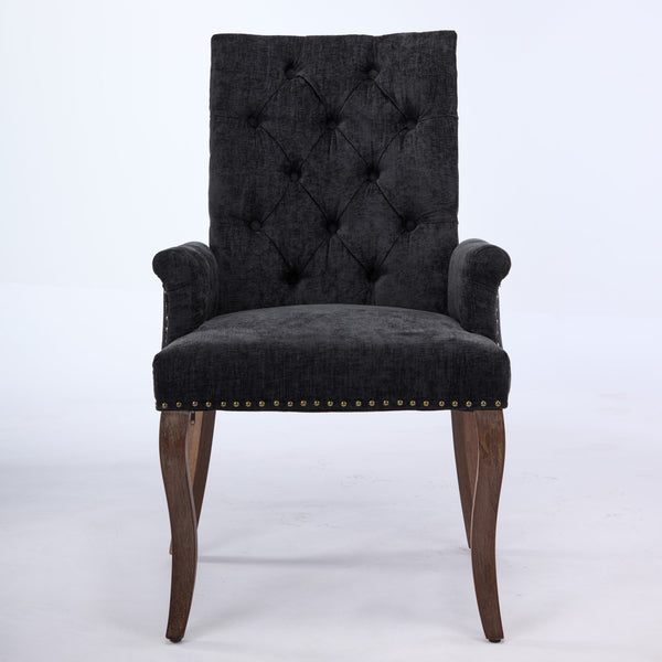 English Elm Upholstered Chenille Dining Chair with Hand-Tufted Back, Curved Solid Wood Legs, Comfortable Armseat Black W1143P346928