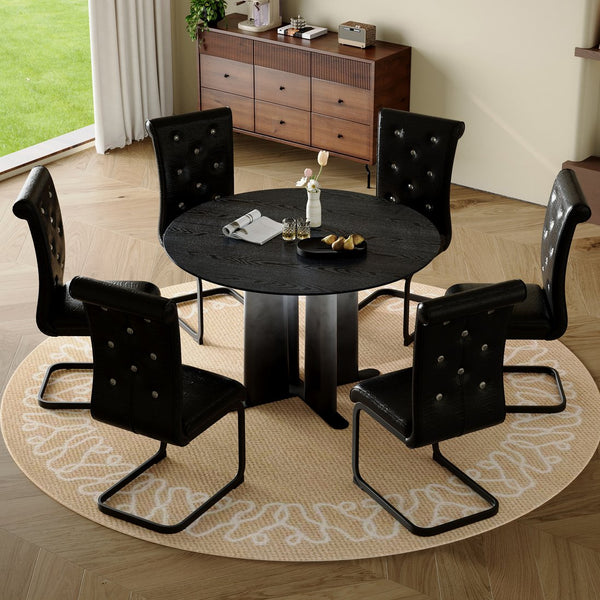 English Elm Modern Round Pedestal Dining Set Six Tufted Pvc Chairs Black Wood Grain Mdf Top W3875S00079