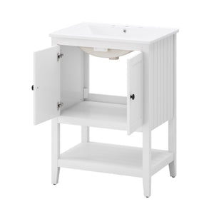 English Elm 24" Morandi White Bathroom Vanity with Ceramic Sink, Solid Wood Frame & Open Shelf, Modern Elegance N725P189823K