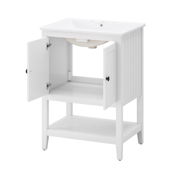 English Elm 24" Morandi White Bathroom Vanity with Ceramic Sink, Solid Wood Frame & Open Shelf, Modern Elegance N725P189823K