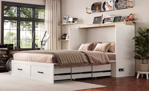 English Elm Queen Murphy Cabinet Bed Rustic Grey Farmhouse Style with Charging Station Storage W5271S00002