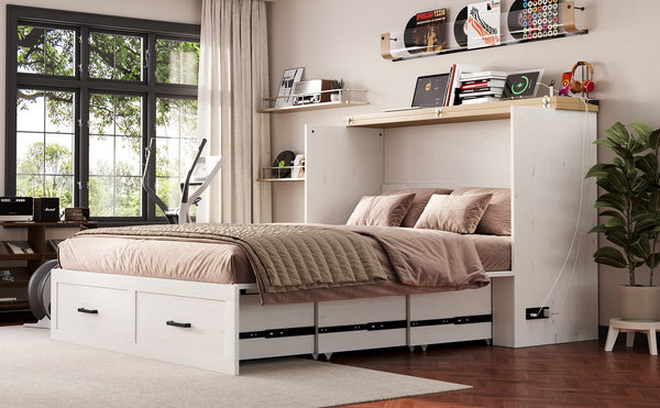 English Elm Queen Murphy Cabinet Bed Rustic Grey Farmhouse Style with Charging Station Storage W5271S00002