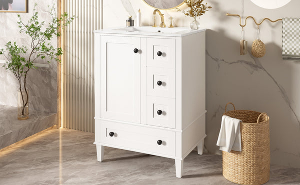 English Elm 24-inch Matte Bathroom Vanity Rubberwood Cabinet with Ceramic Sink and Soft-close Drawers White N729P377516K