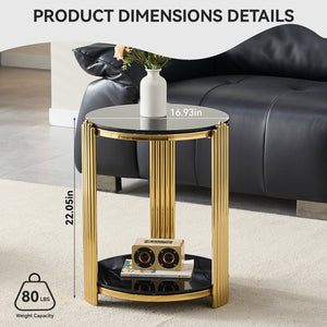 English Elm 16.9inch Round End Table Dual Tier Black Tempered Glass Gold Steel Frame Modern Accent W3357P395504