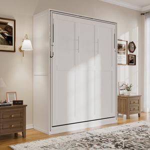 English Elm Rotating Queen Murphy Wall Bed with 14 Open Shelves Hydraulic Lift Space Saving White LP000962AAK