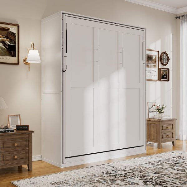 English Elm Rotating Queen Murphy Wall Bed with 14 Open Shelves Hydraulic Lift Space Saving White LP000962AAK
