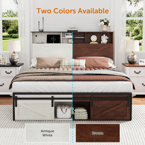 English Elm Farmhouse Queen Size Bed Frame With Integrated Storage, Usb Charging, Rgb Led Lights & Charming White Finish W1550P343690