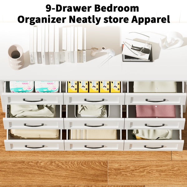 English Elm 9 Drawer Steel Dresser Low Profile White Powder Coated Frame Quiet Glide Bedroom Storage T2398P465982