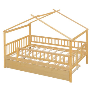 English Elm Full Size Pine House Bed with Roofline Frame and Roll Out Twin Trundle for Kids Natural LP100306AAN