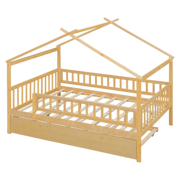 English Elm Full Size Pine House Bed with Roofline Frame and Roll Out Twin Trundle for Kids Natural LP100306AAN