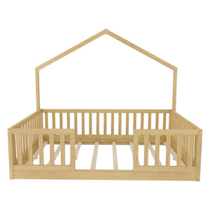 English Elm Twin Montessori Floor Bed House Frame with Led Lighting and Safety Rails for Kids Natural W2593P440609