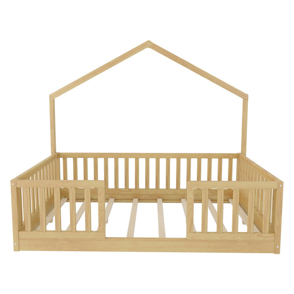 English Elm Twin Montessori Floor Bed House Frame with Led Lighting and Safety Rails for Kids Natural W2593P440609