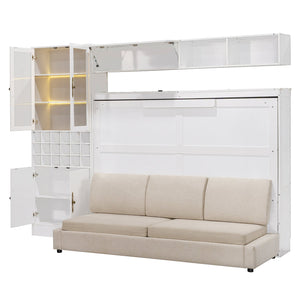 English Elm Full Size Murphy Wall Bed with Linen Sofa Integrated Shelving Usb Charging and Lighting LP000763AAK
