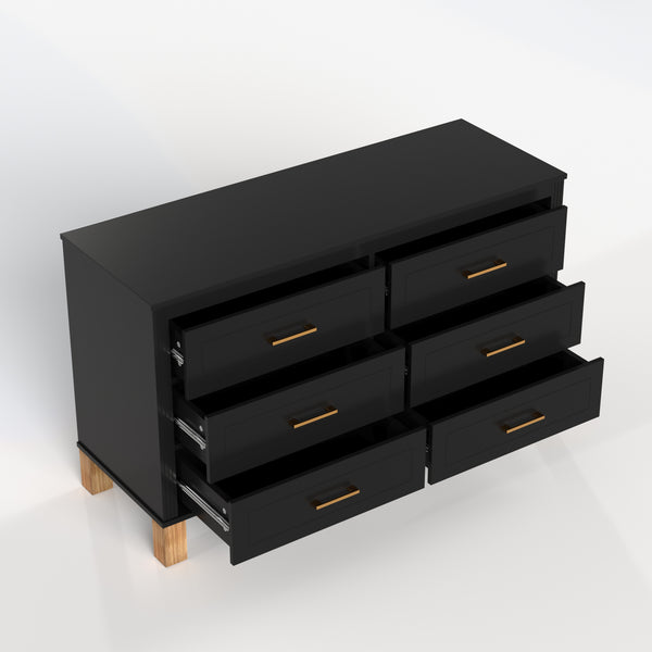 English Elm 6-drawer Double Dresser Solid Wood Legs Mid-century Modern Bedroom Storage Cabinet Black W1445S00006
