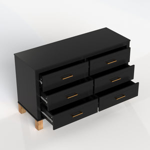 English Elm 6-drawer Solid Wood Dresser Mid-century Modern Gray Finish with Metal Bar Handles Black W1445P419756