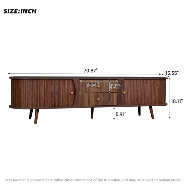 English Elm 70 Inch Mid Century Media Console with Tambour Doors Fluted Drawers and Wood Legs N710P419840P