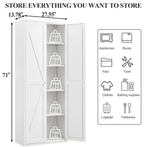 English Elm 2 Door Steel Pantry Cabinet Powder Coated Finish Gold Hardware Adjustable Shelves Tall Storage White T3625P366652