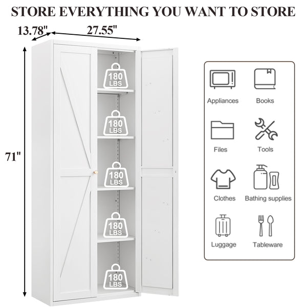 English Elm 2 Door Steel Pantry Cabinet Powder Coated Finish Gold Hardware Adjustable Shelves Tall Storage White T3625P366652