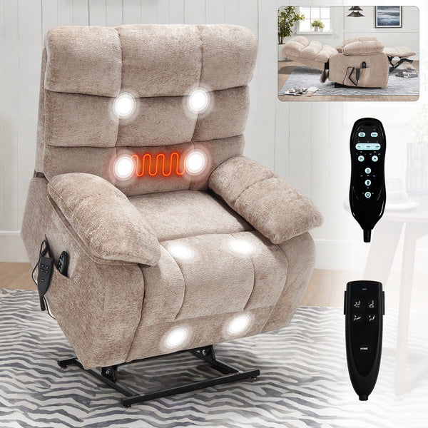 English Elm Lift Power Recliner Chenille Chair Dual Motor Massage Heat 350 Lb Capacity Living Room Beige W3224P288641