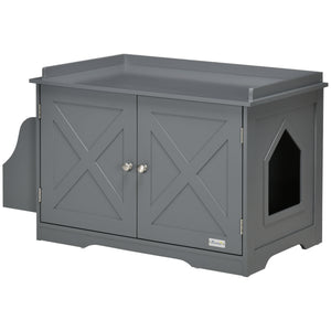 English Elm PawHut Farmhouse Hidden Cat Litter Box End Table with Magnetic Doors, Wide Storage & Side Shelf Grey W2225P229313