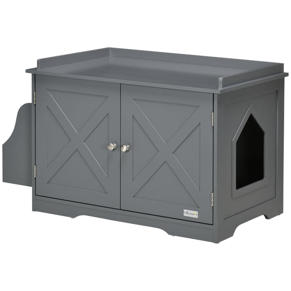 English Elm PawHut Farmhouse Hidden Cat Litter Box End Table with Magnetic Doors, Wide Storage & Side Shelf Grey W2225P229313