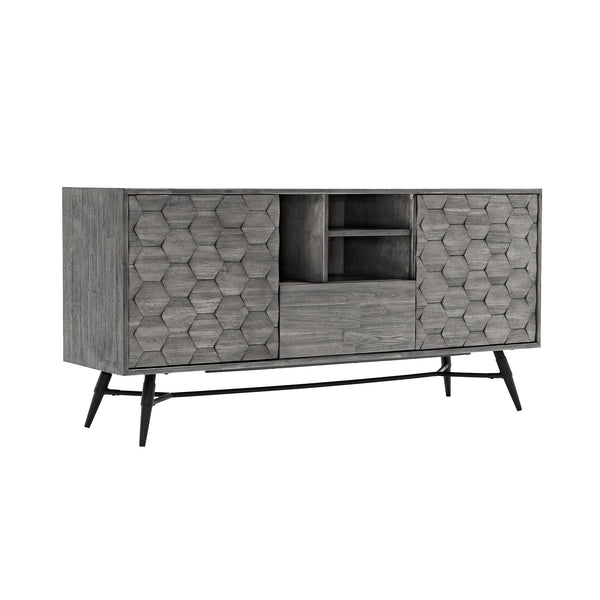 English Elm Makena Solid Acacia Buffet with Carved Honeycomb Doors and Gray Weathered Finish B2736P464857