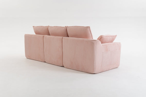 English Elm L Shaped Corduroy Modular Sectional with Cloud Cushions Footstool and Lumbar Pillows Pink W395S00138