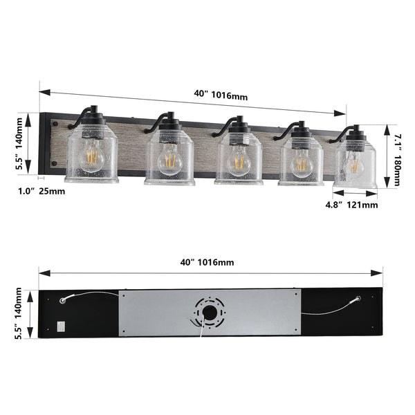 English Elm 40" Farmhouse Vanity Light Fixture, 5-Light Industrial Bathroom Sconce with Clear Seeded Glass Shades, Black Wood Finish, Retro Chic Design W2312P374828