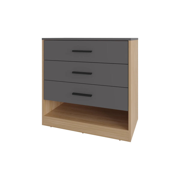 English Elm Natural Oak Modern Dresser with Open Shelf and 3 Drawers — Sleek Matt Grey Accent, Compact Storage B062P290237