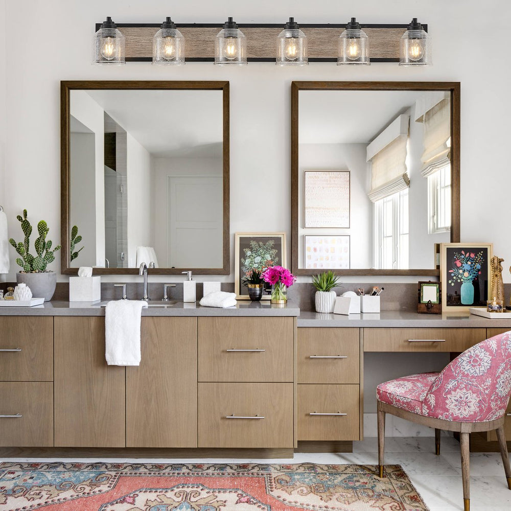 English Elm 49" Farmhouse Vanity Light Fixture - 6-Light Industrial Bathroom Sconce with Clear Seeded Glass Shades, Black Wood Finish W2312P374829