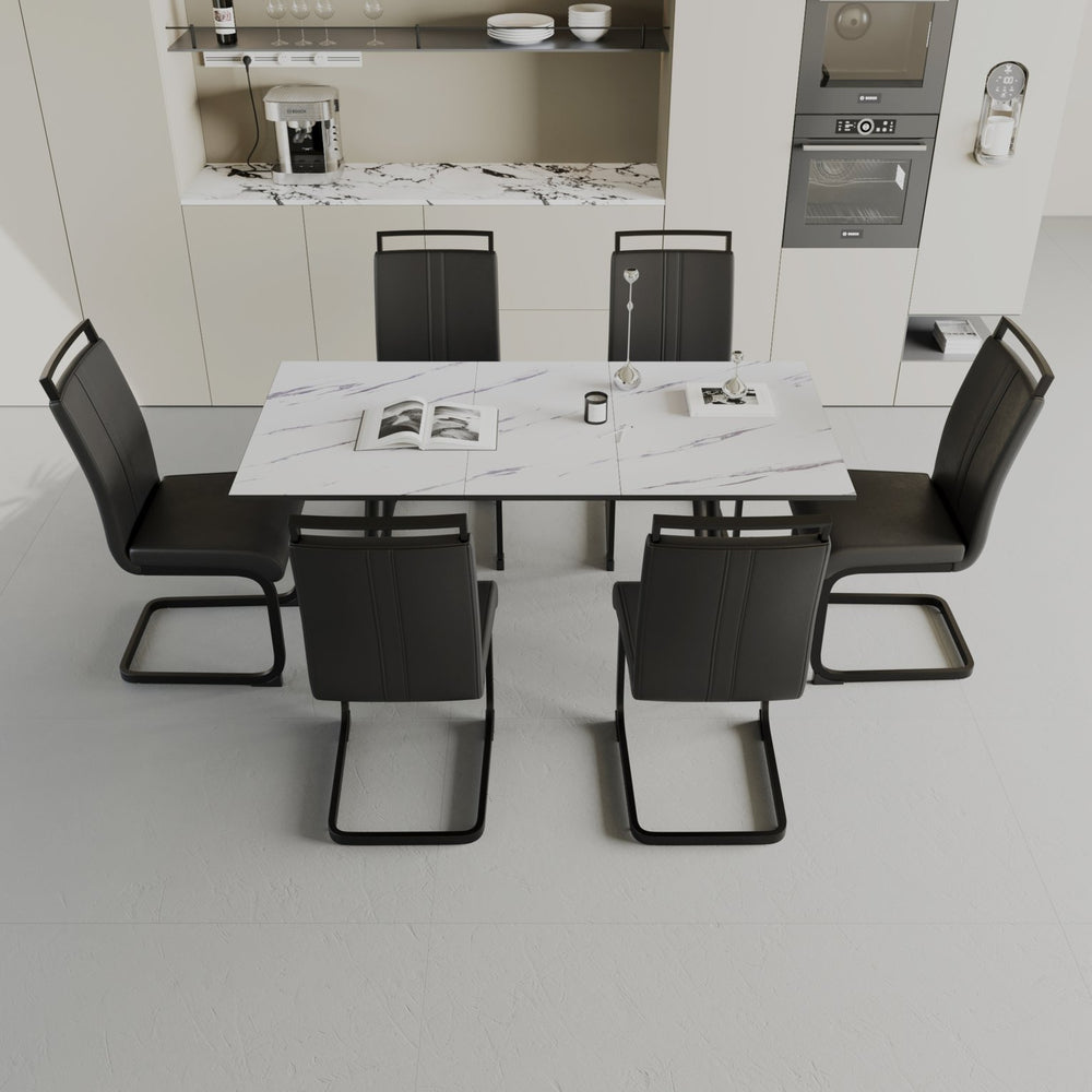 English Elm 47"-63" Expandable Dining Table Set Seats Six with Cushioned Chairs and Black Metal Legs W2189S00930