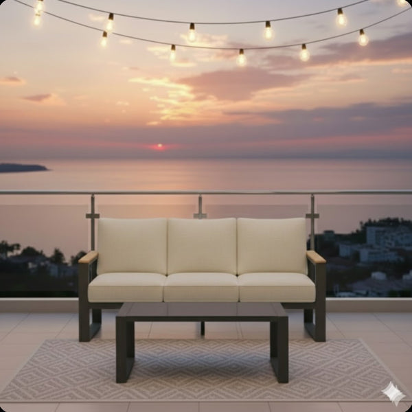 English Elm 2-piece Outdoor Aluminum Patio Sofa Set with Tempered Glass Table and Cushioned Seating Beige+Black B082P455138