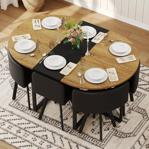 English Elm 7-piece Oval Dining Set with Pu Leather Chairs Modern Kitchen Table for Six Black,Wood W3875S00088