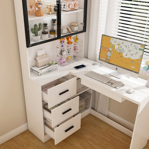 English Elm Computer Corner L-Shaped Desk with Glass Cabinets, Built-In LED, USB Ports, Keyboard Tray, Ergonomic Design White W2699P345803